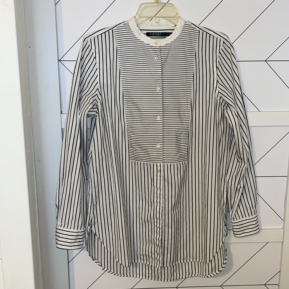 Lauren Ralph Lauren Womens Large White Navy Stripe Tunic Shirt Button Down Long - Picture 1 of 7